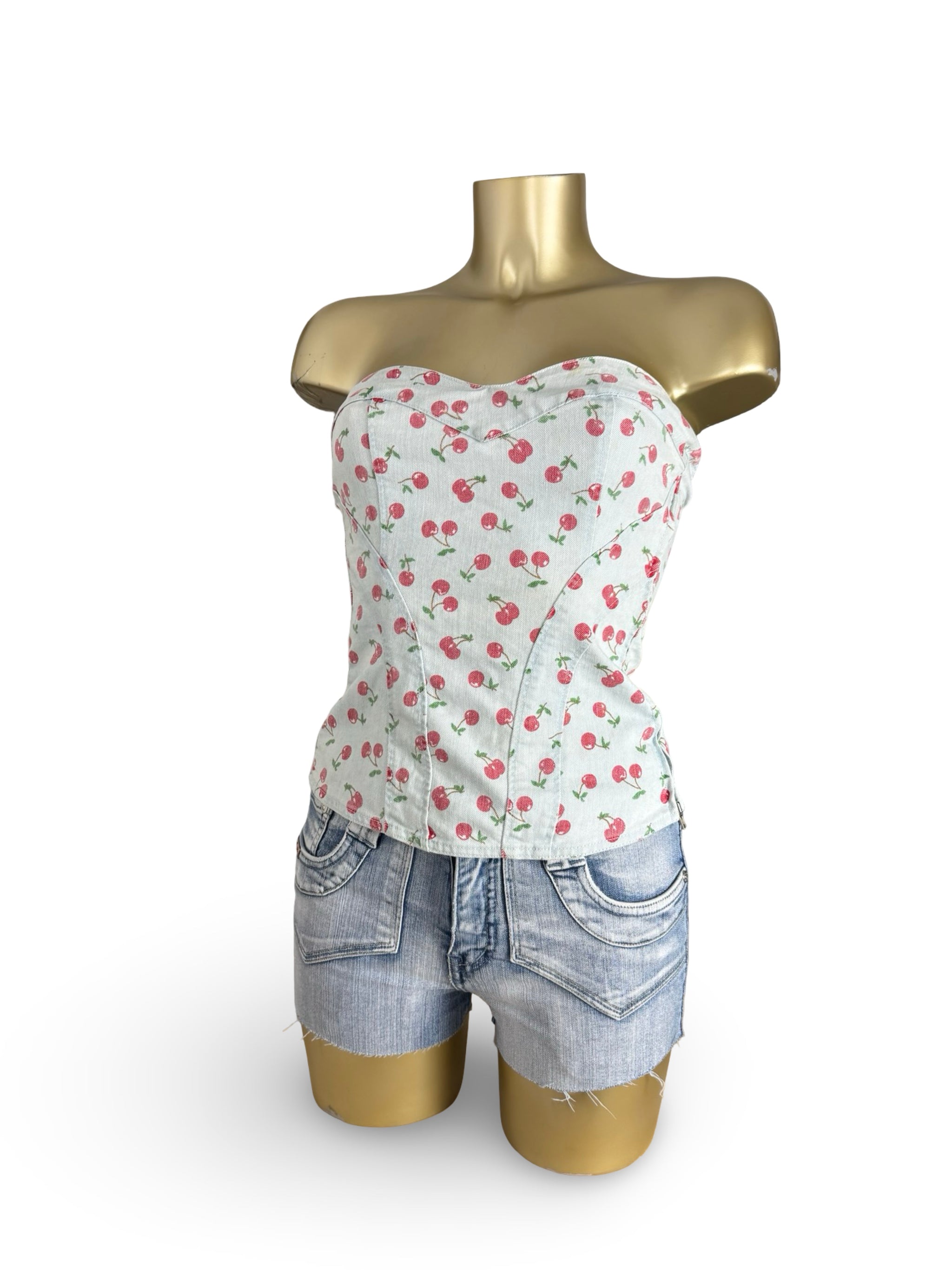 Baby blue cherry print denim corset top (S)