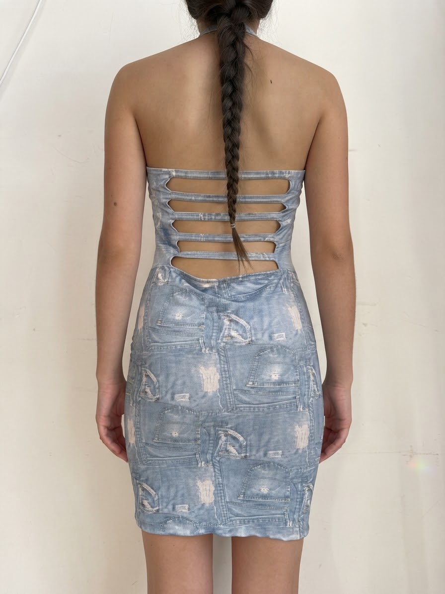 Blue denim graphic backless mini dress (M)