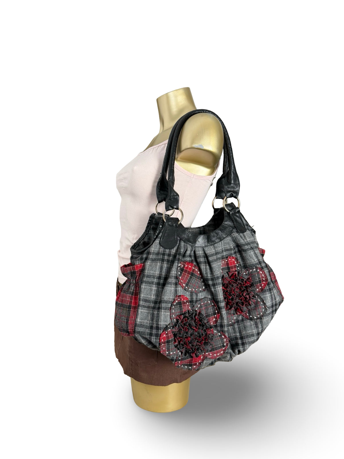 Grey check print shoulder bag (32x37cm)