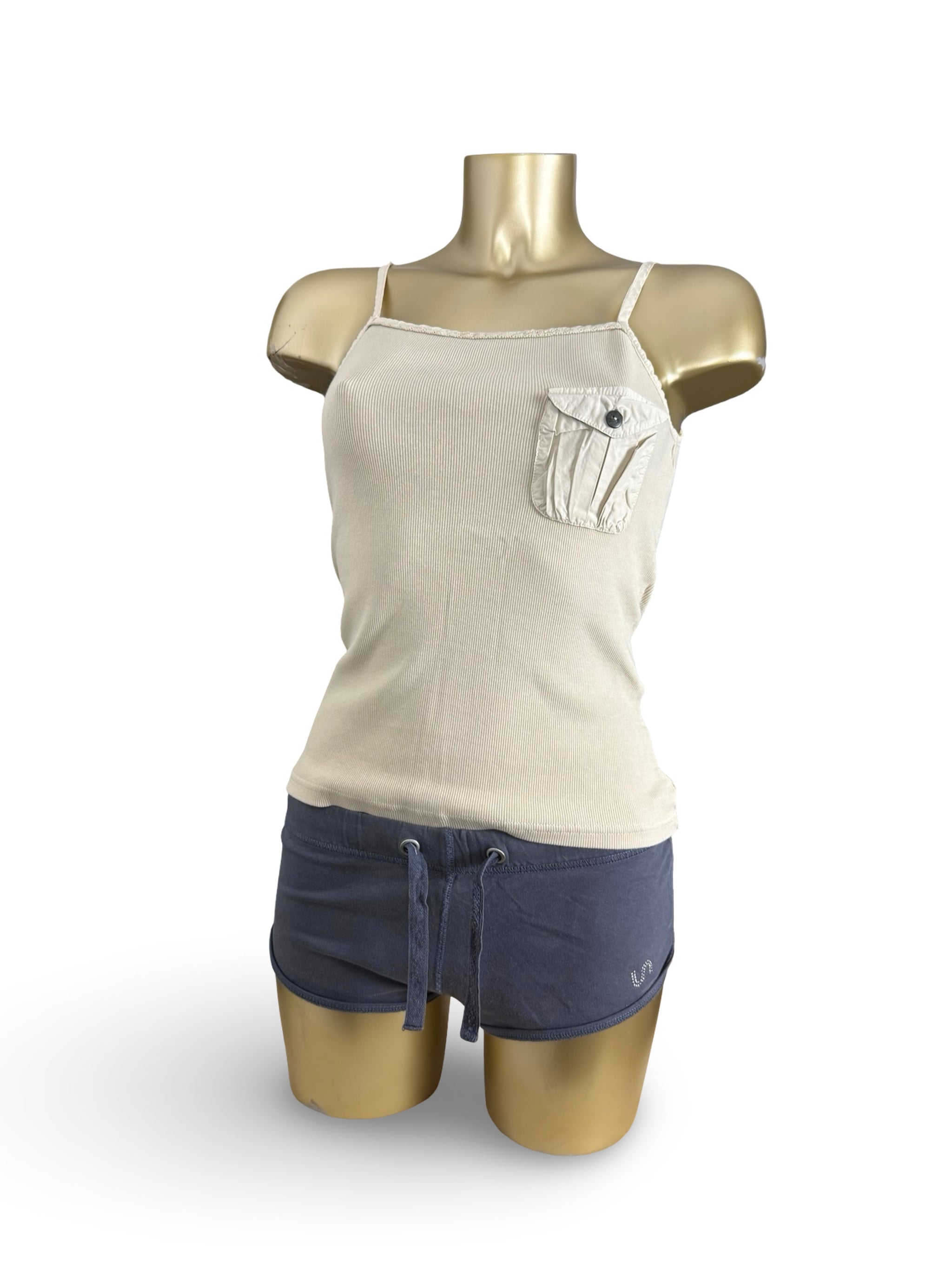 Beige cotton ribbed pocket top (S/M)