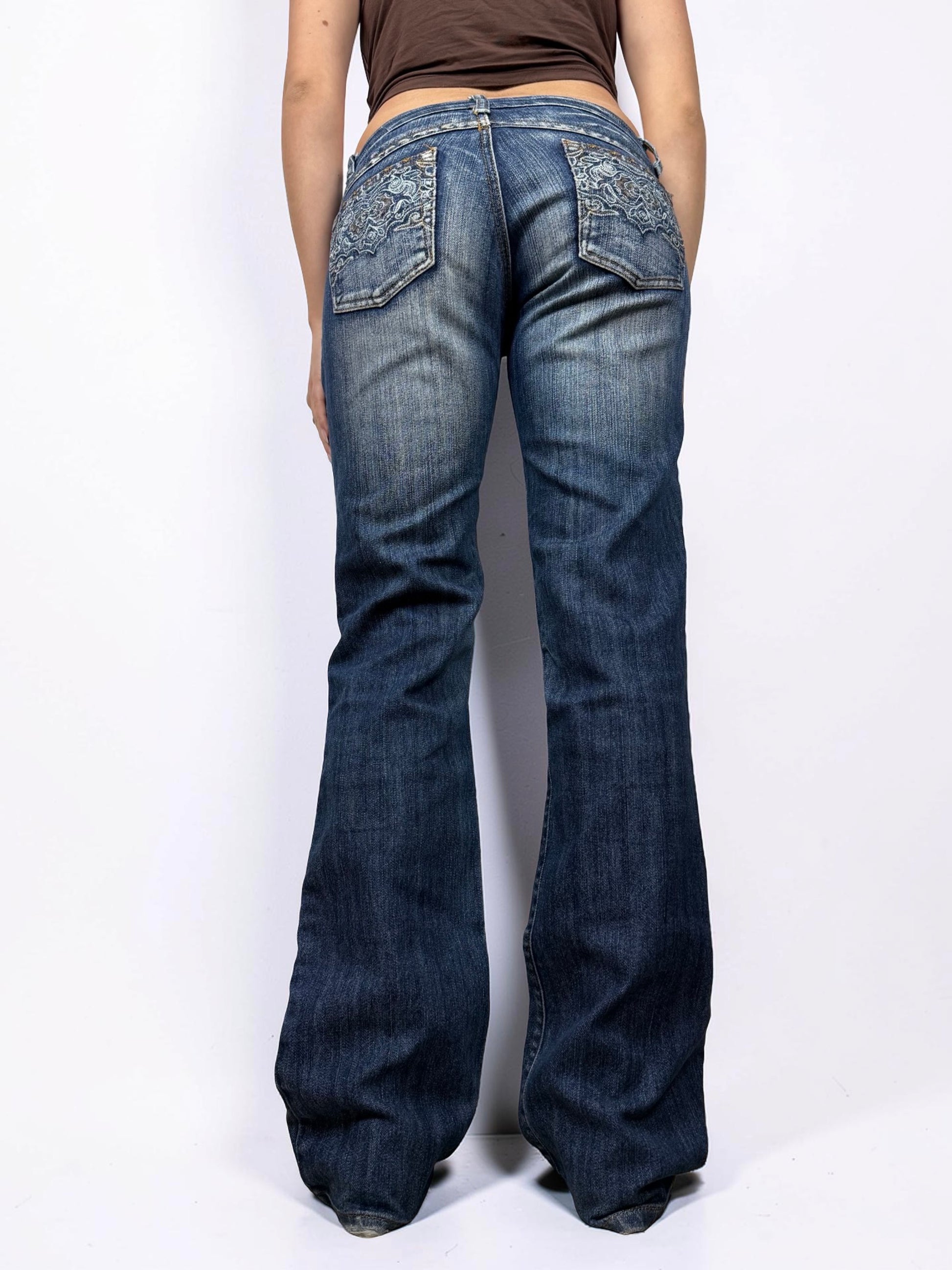 Navy blue denim cotton low rise bootcut pants (S/M)