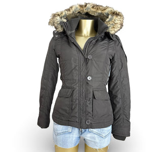 Brown hooded faux fur puffer jacket (S)