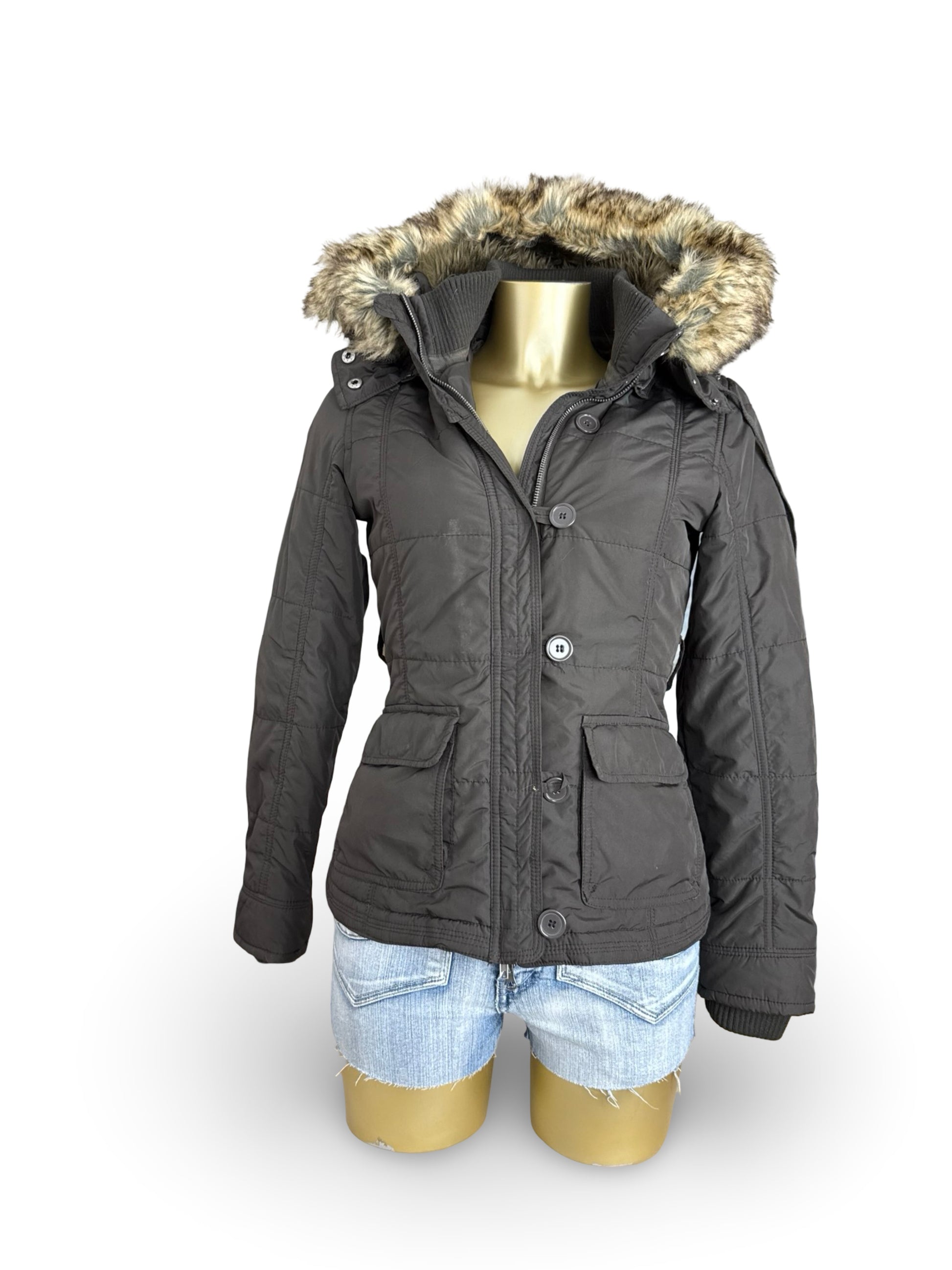 Brown hooded faux fur puffer jacket (S)