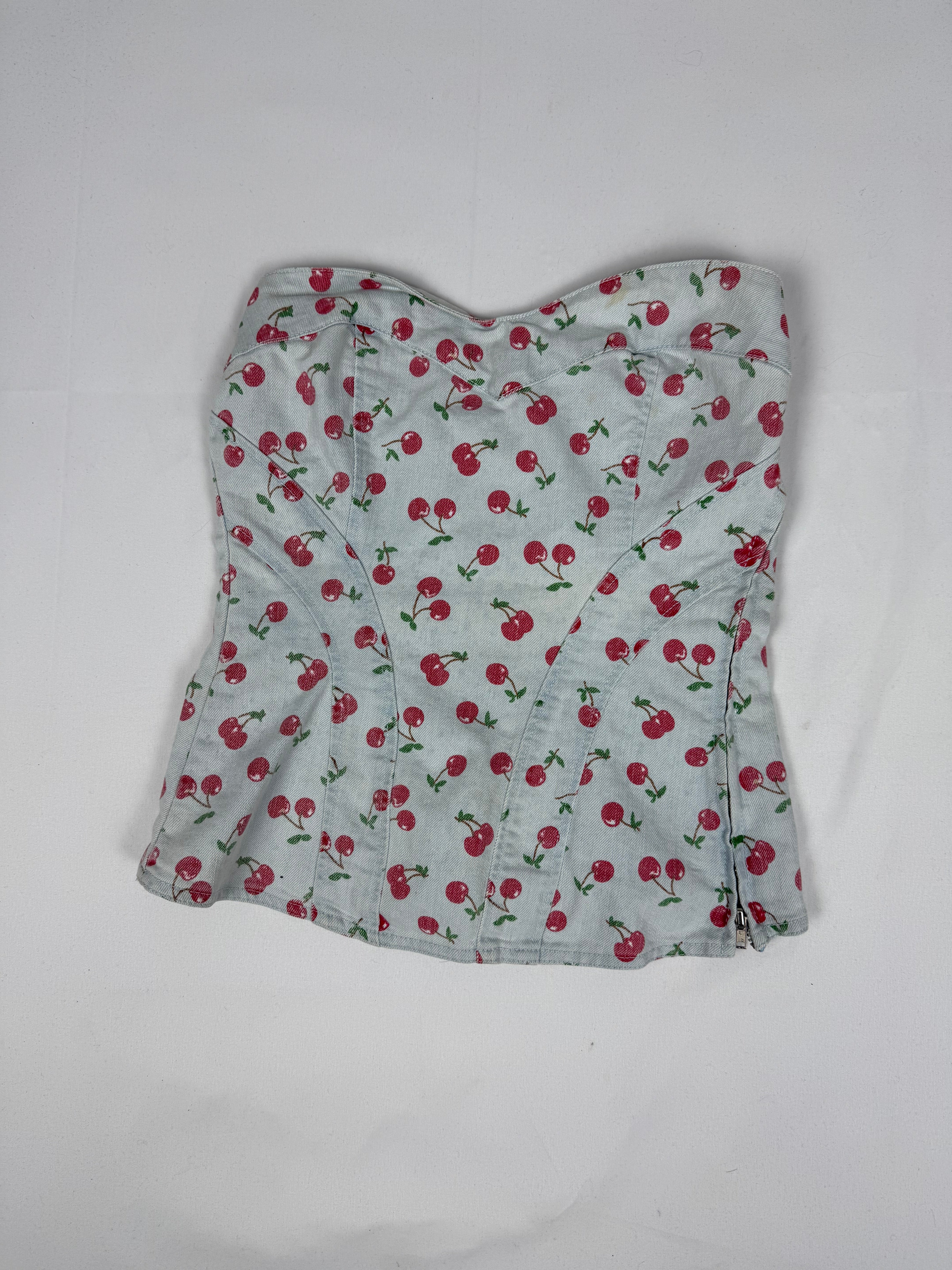 Baby blue cherry print denim corset top (S)