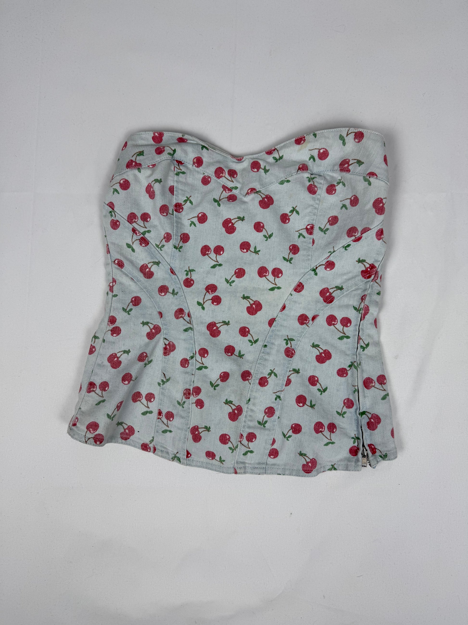 Baby blue cherry print denim corset top (S)
