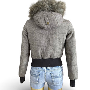Beige hooded faux fur & wool puffer jacket (S)
