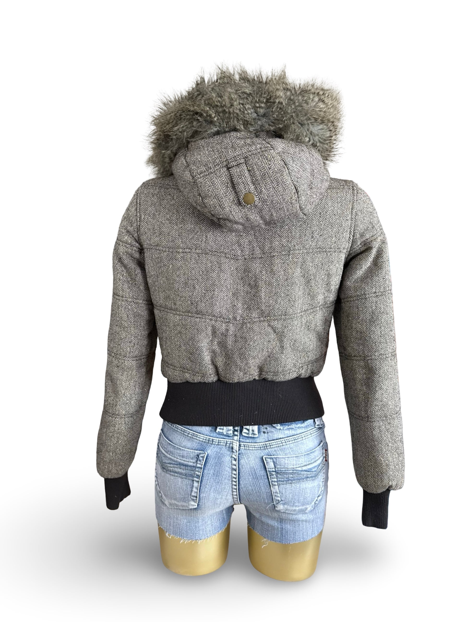 Beige hooded faux fur & wool puffer jacket (S)
