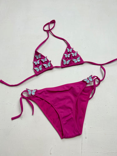 Pink butterflies y2k vintage bikini set (XXS)