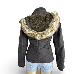 Brown hooded faux fur puffer jacket (S)