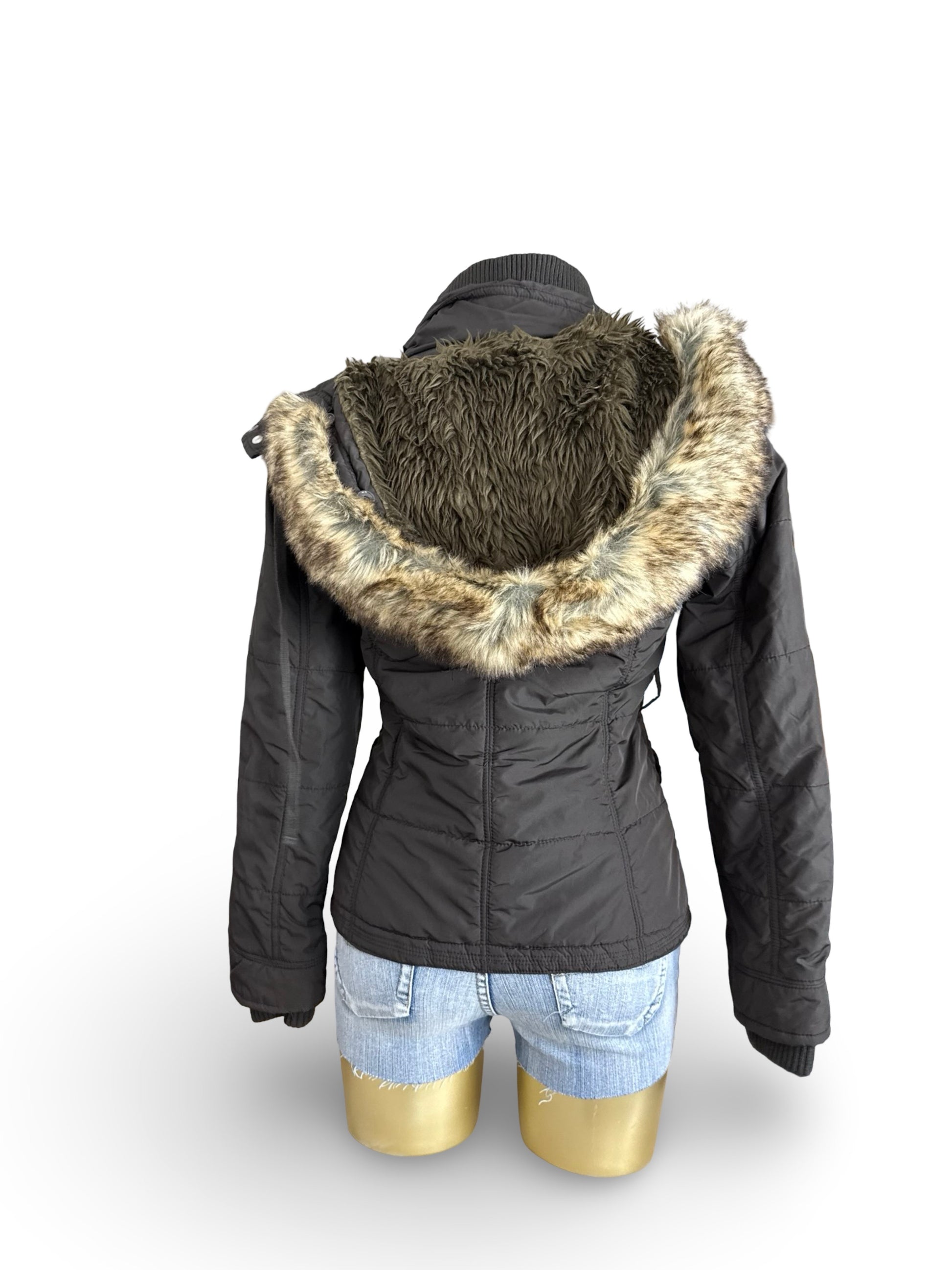 Brown hooded faux fur puffer jacket (S)