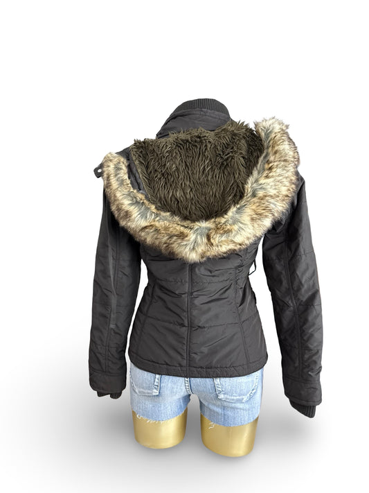 Brown hooded faux fur puffer jacket (S)