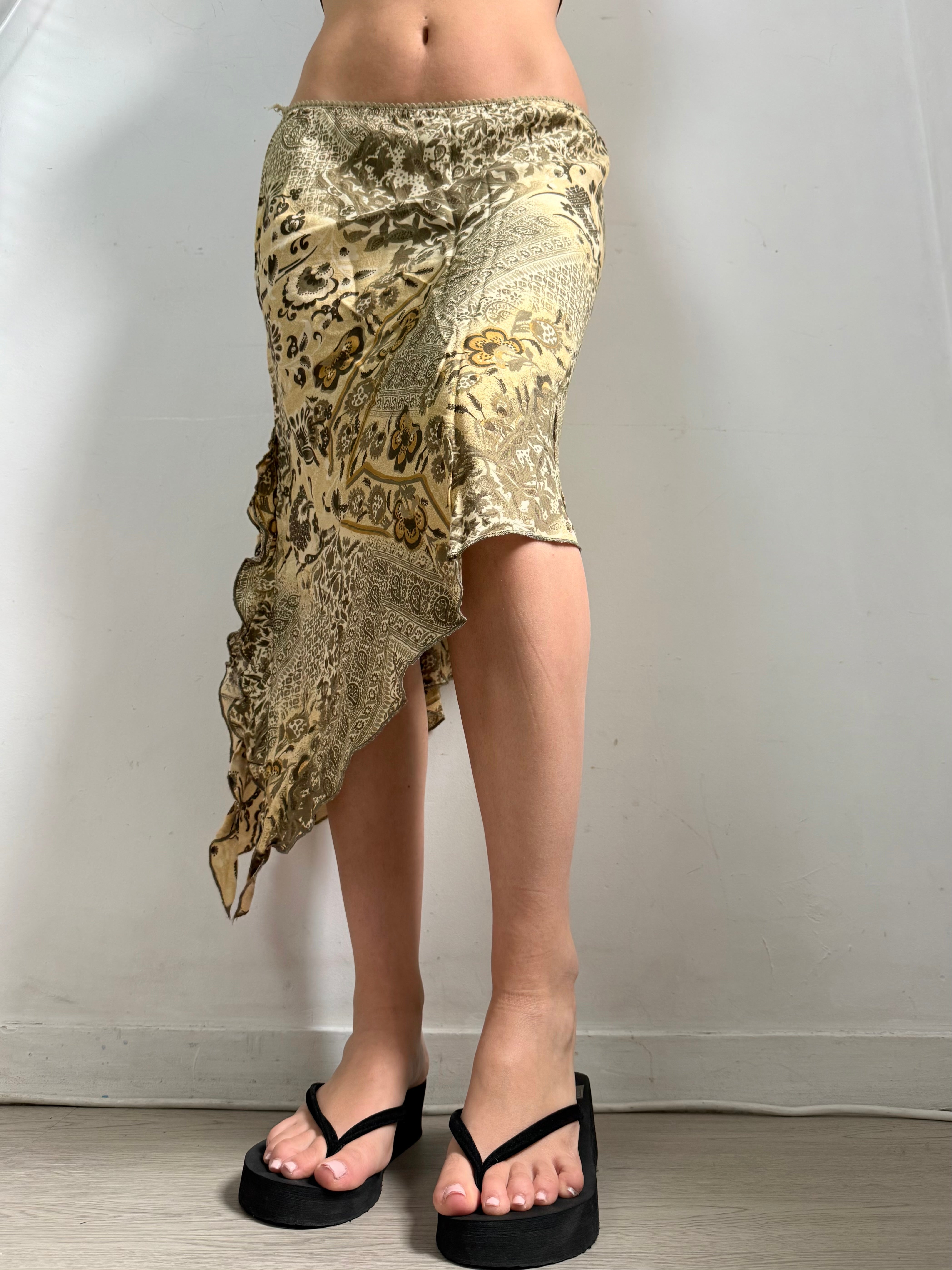 Khaki cotton low rise asymmetric maxi skirt (S/M)