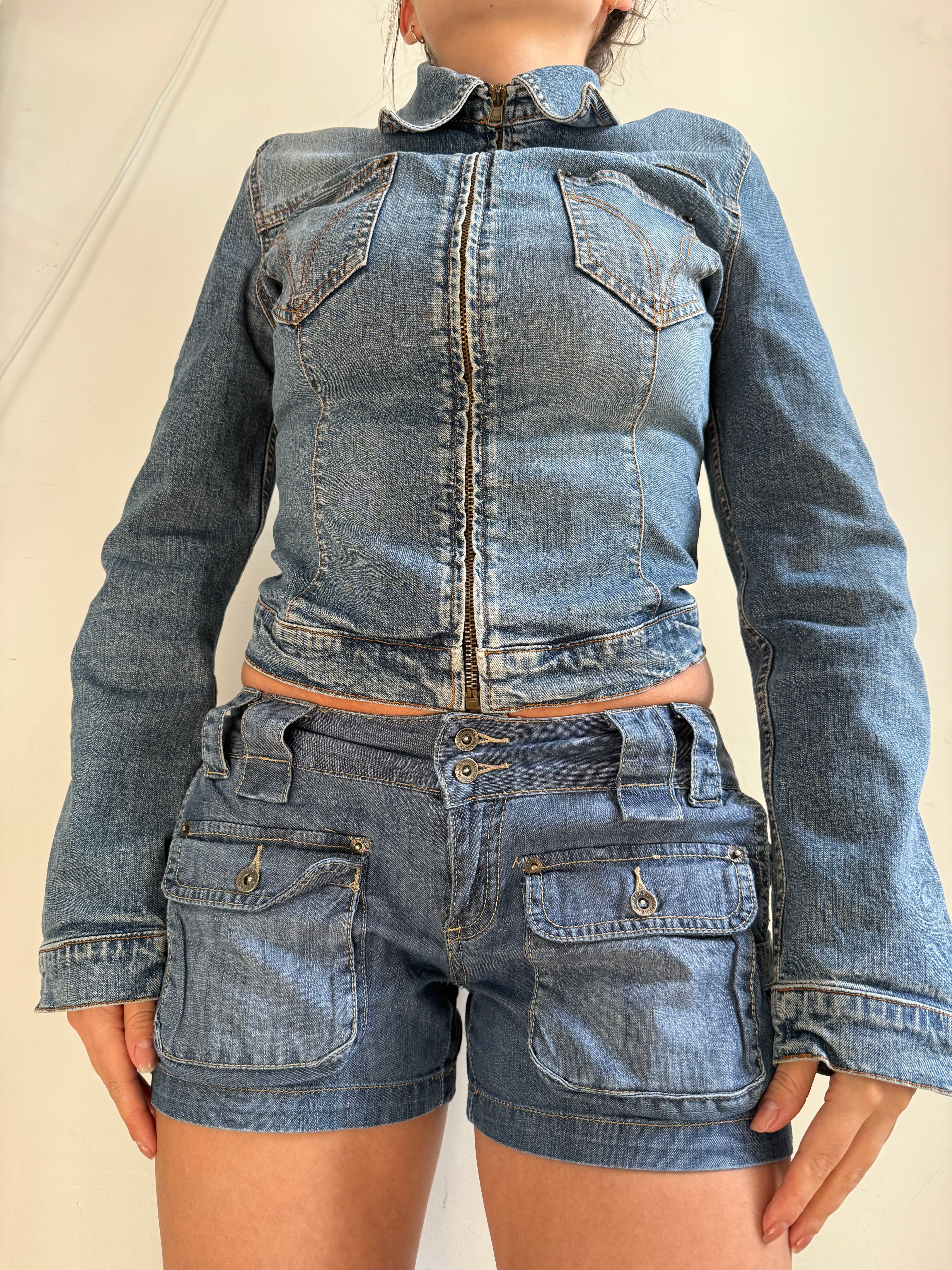 Blue denim zip up biker jacket (S)