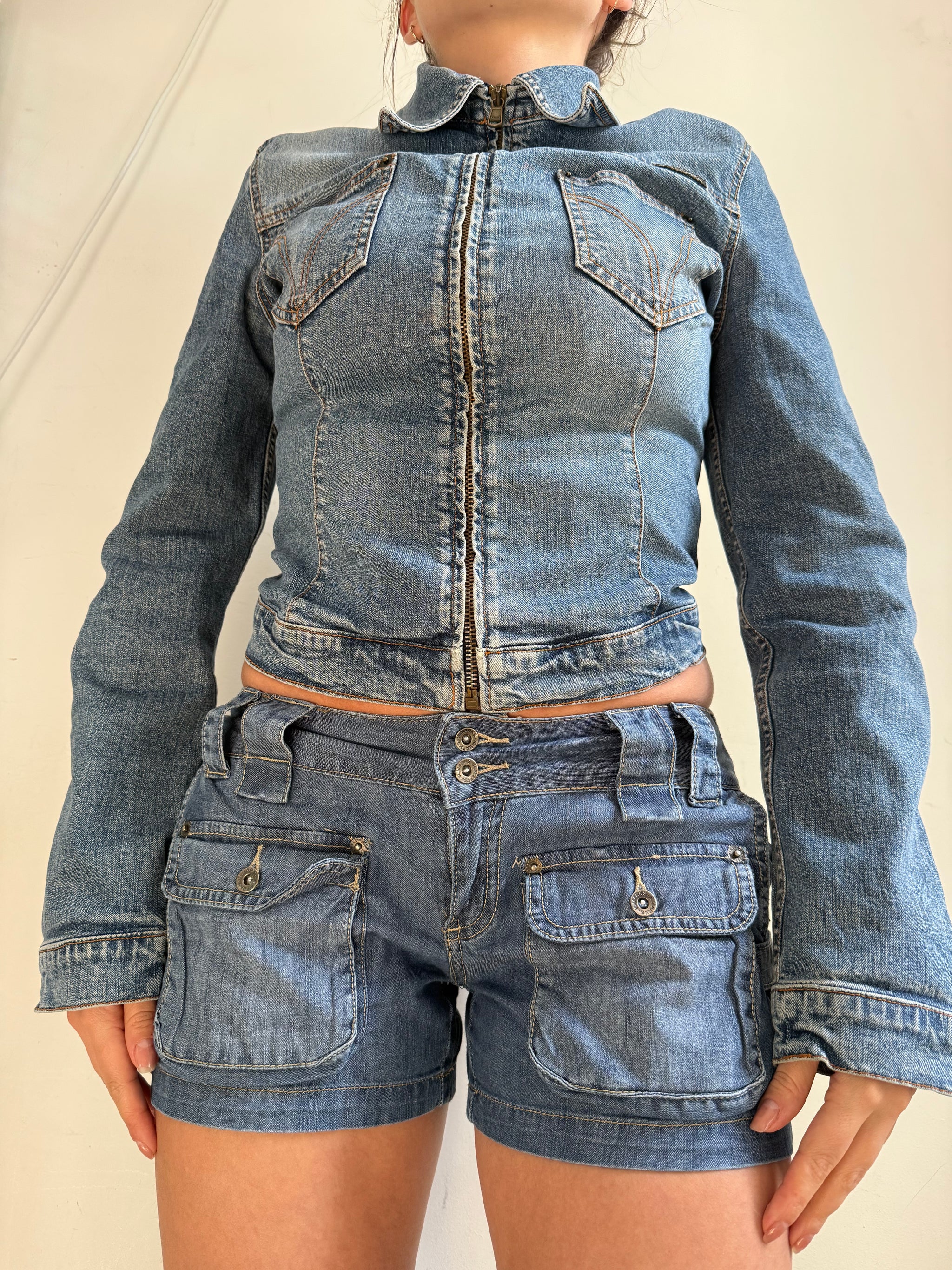 Blue denim zip up biker jacket (S)