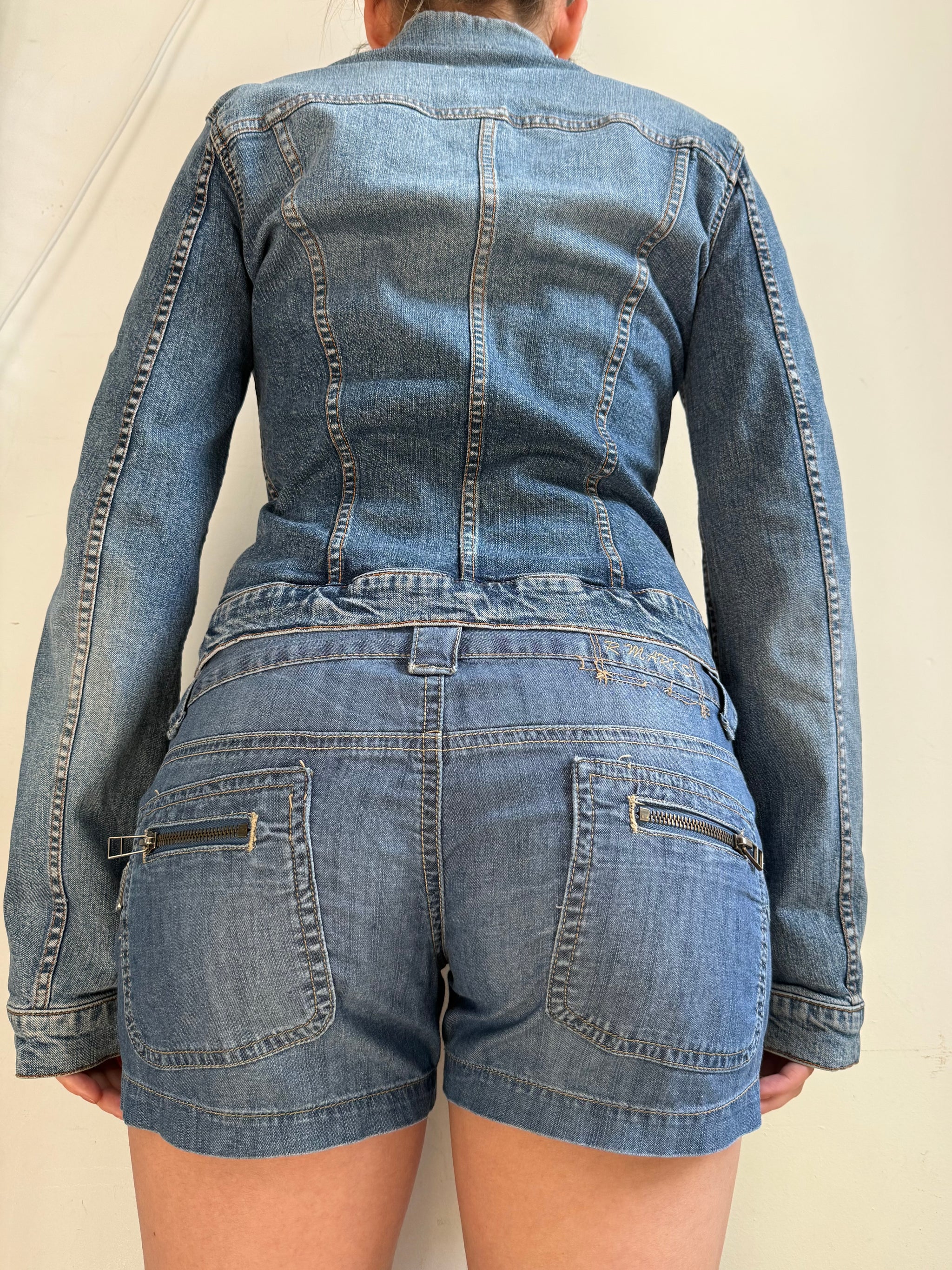 Blue denim zip up biker jacket (S)