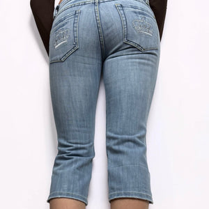 Blue denim cotton low rise crown capri pants (XS)