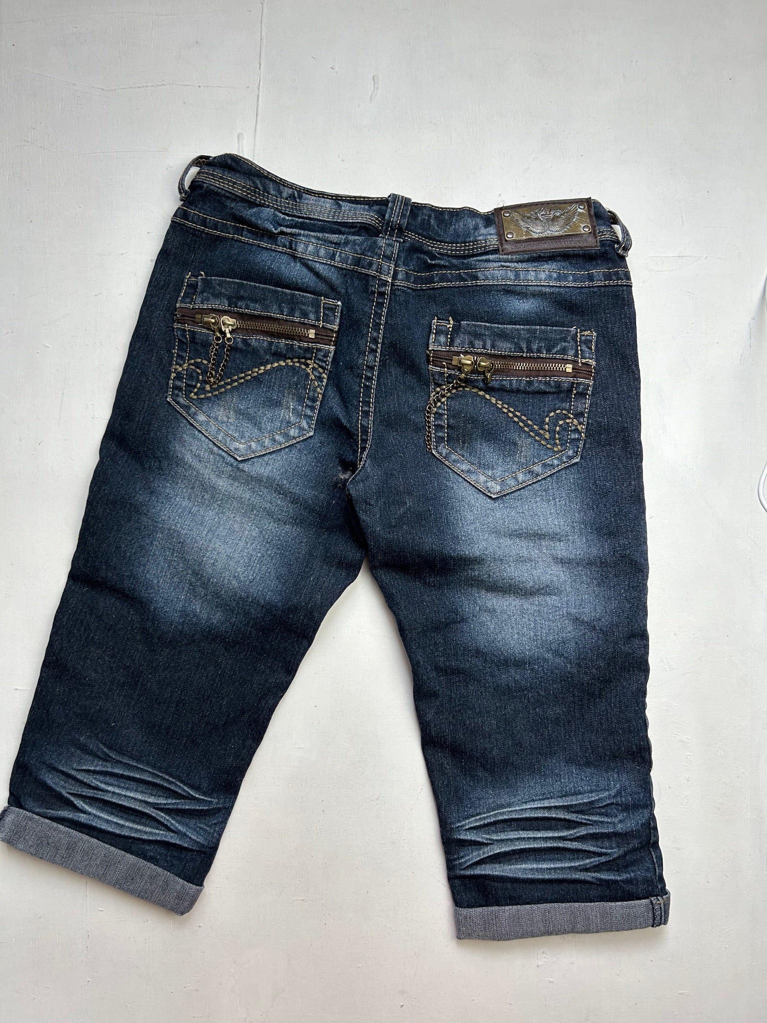 Navy blue denim low rise mid short jorts (XS)