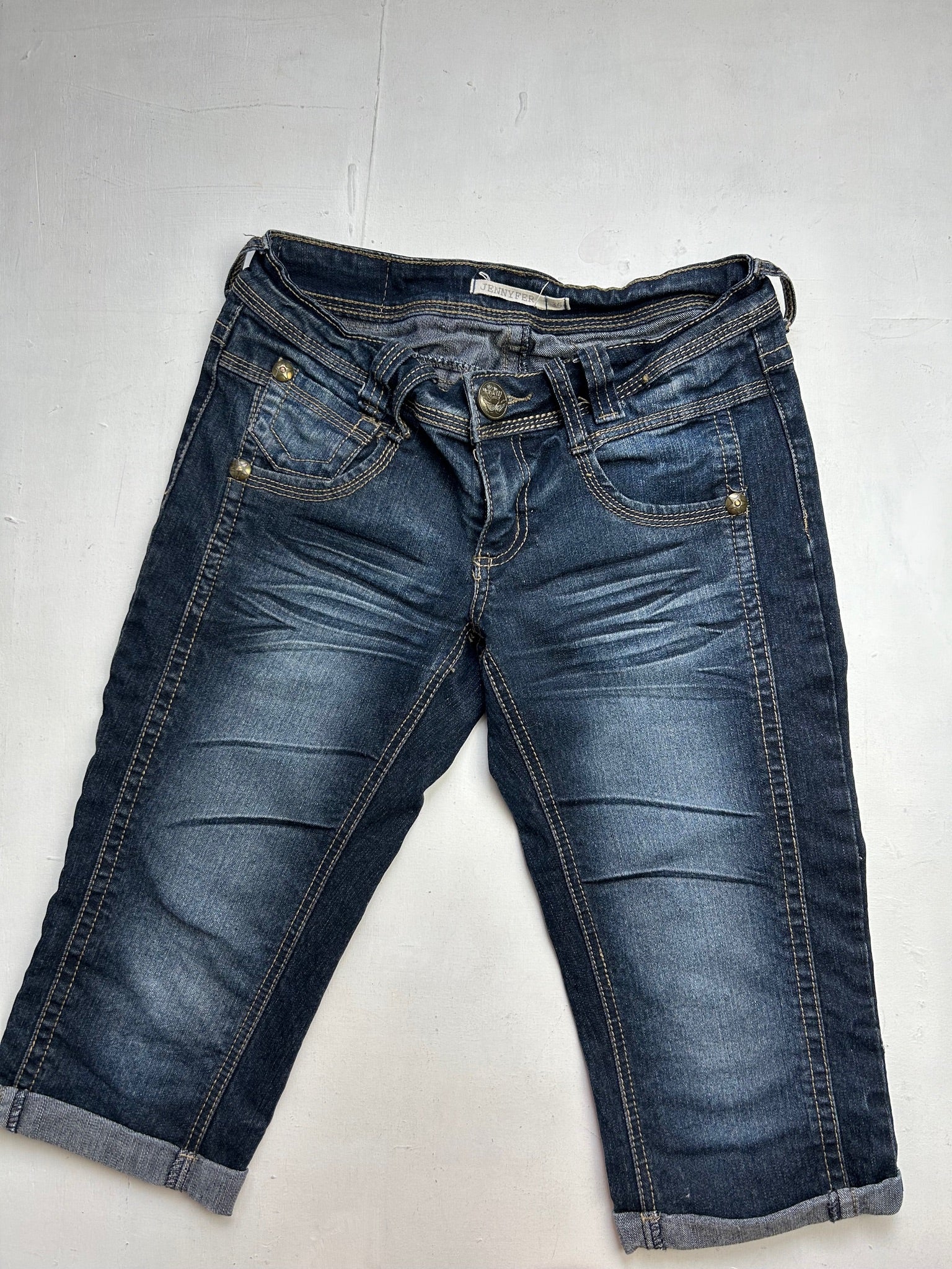 Navy blue denim low rise mid short jorts (XS)