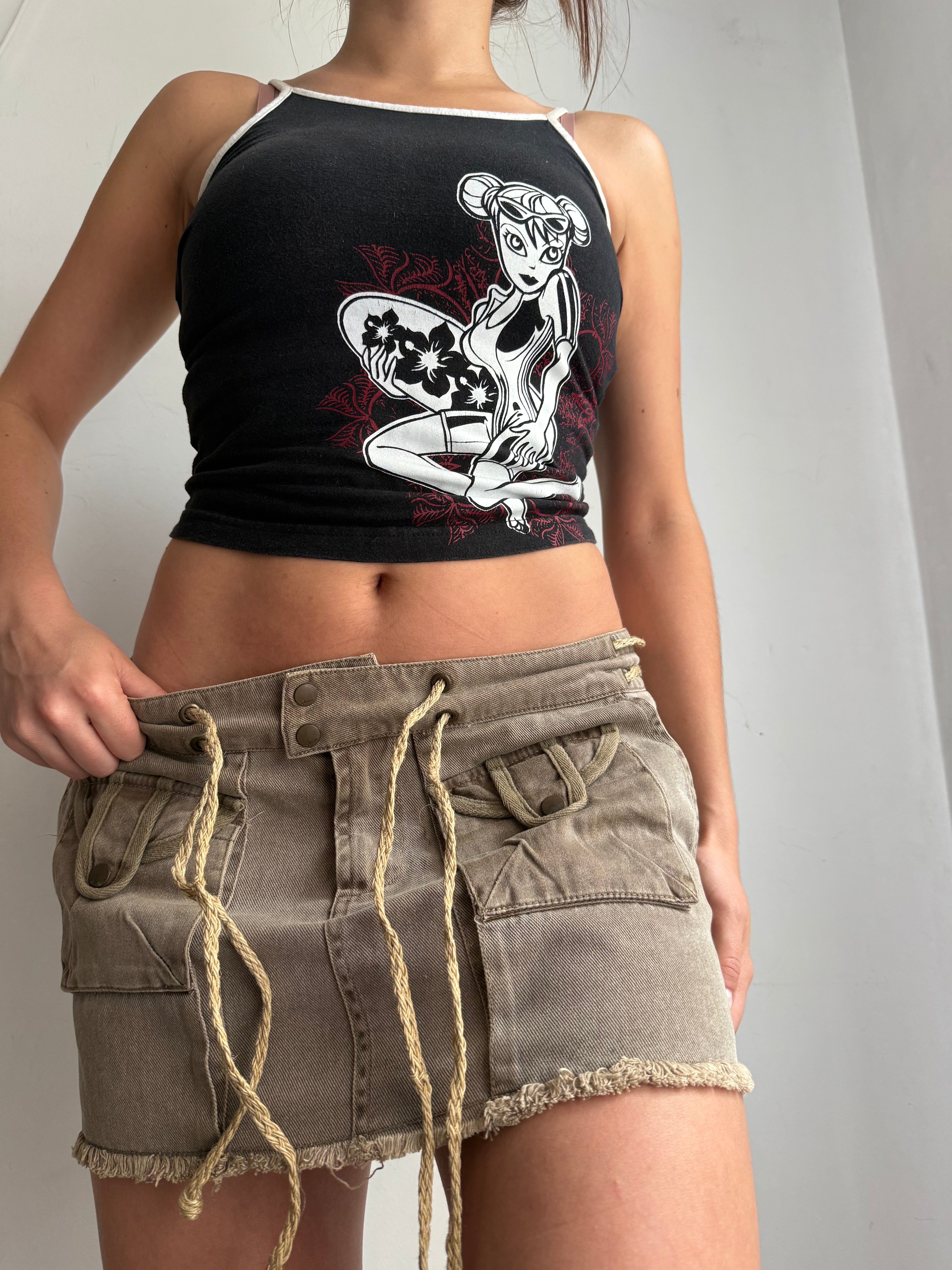 Khaki denim low rise mini skirt (M)