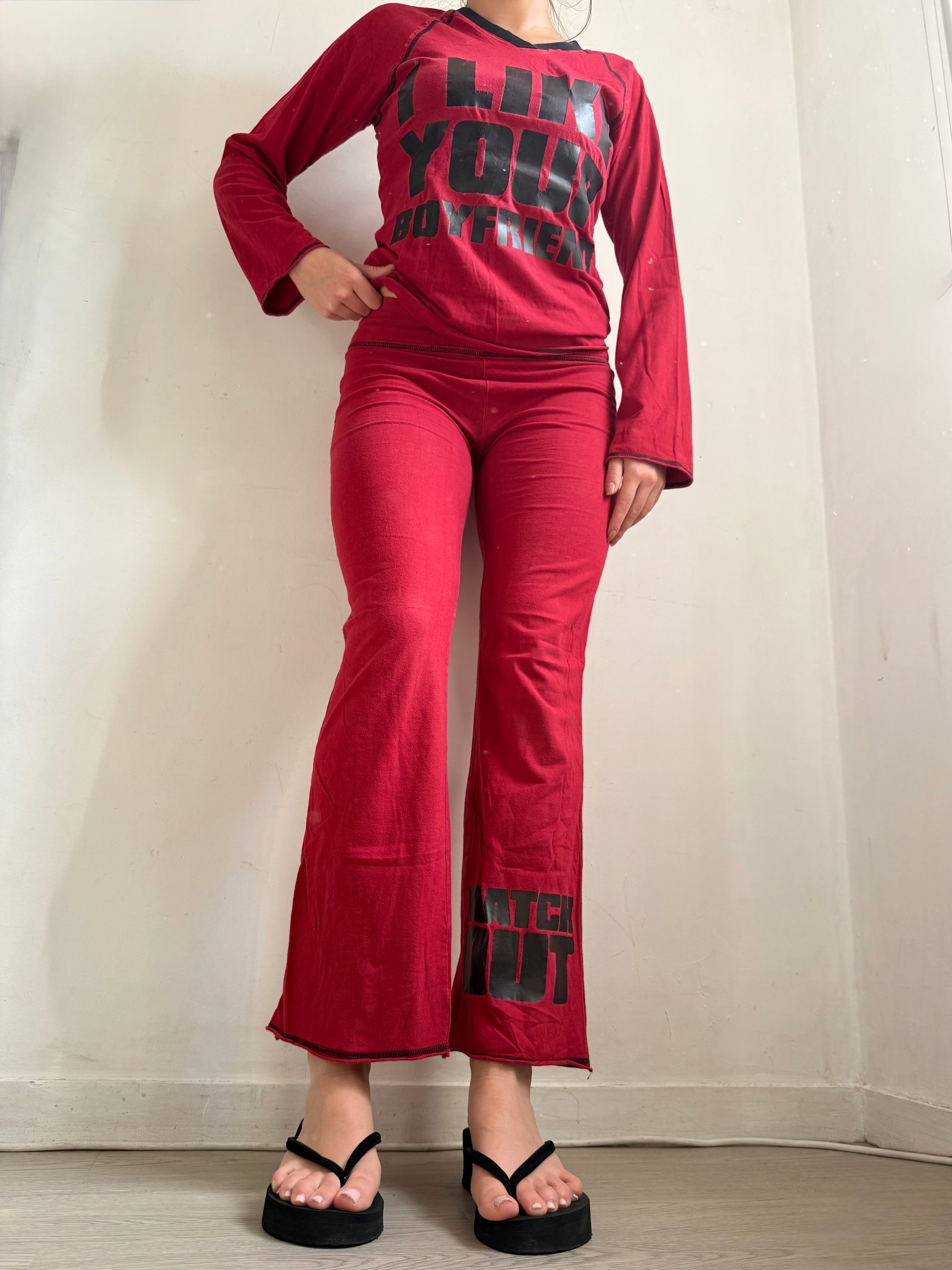Red graphic activewear pants + top set (S/M)