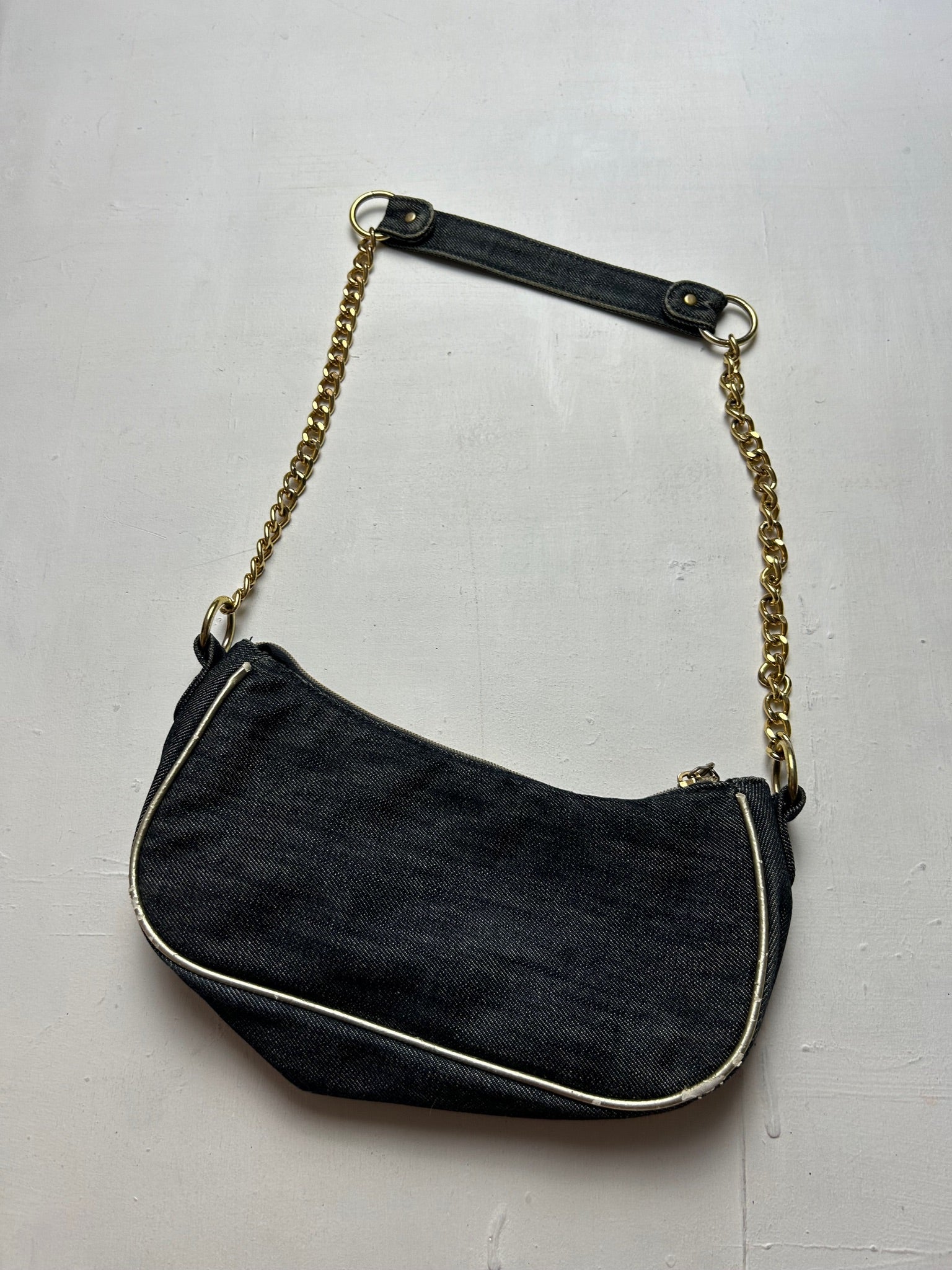 Black denim strass chain shoulder bag