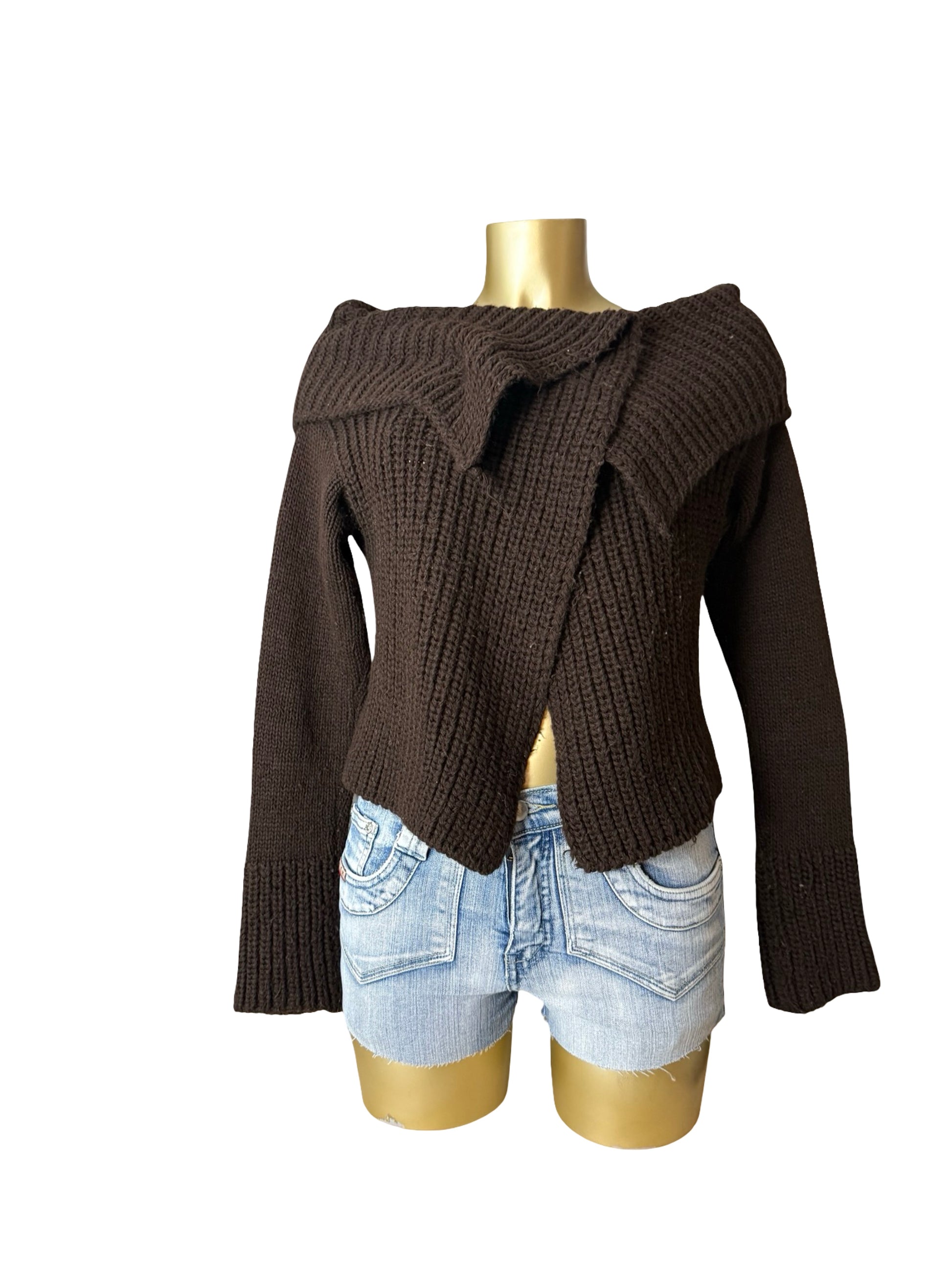 Brown knitted bardot off shoulder cardigan jumper (M/L)