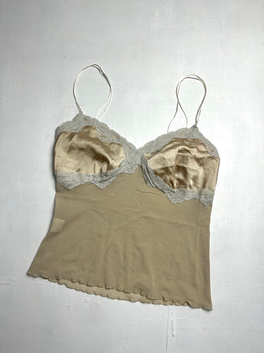 Beige camel mesh & silk effect cami top (S)