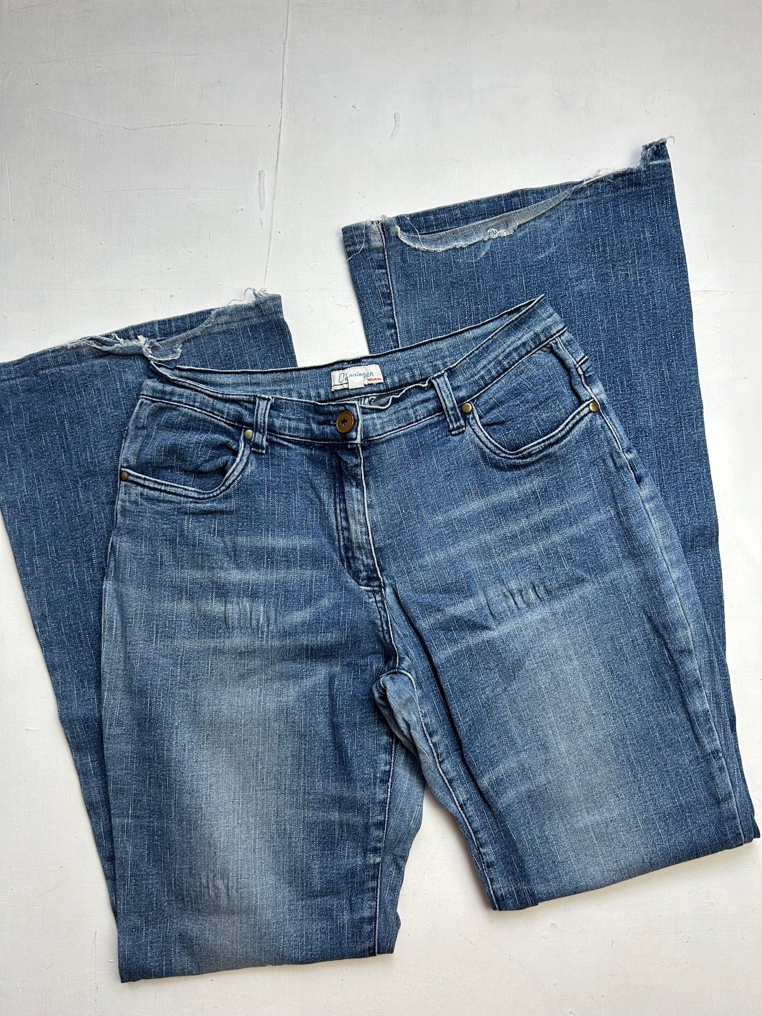 Blue denim low rise flare pants (L)