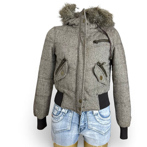 Beige hooded faux fur & wool puffer jacket (S)