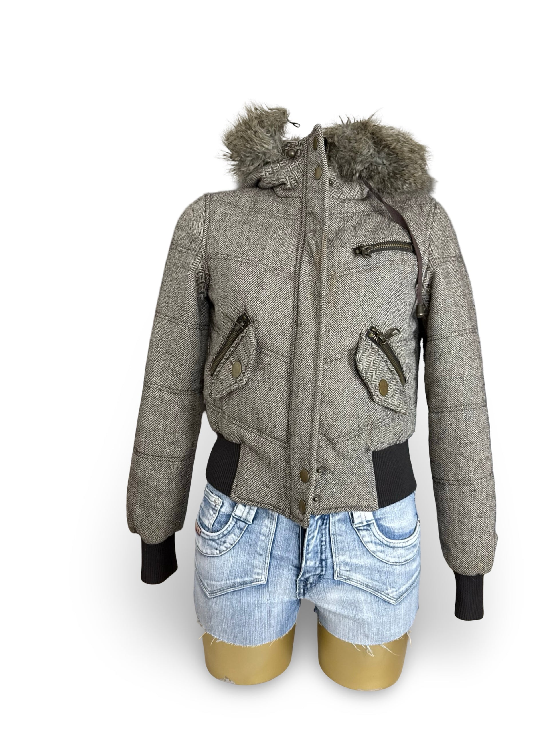 Beige hooded faux fur & wool puffer jacket (S)