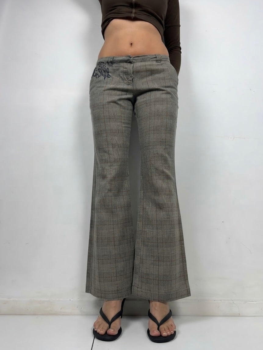 Brown check print low rise denim bootcut pants (M)