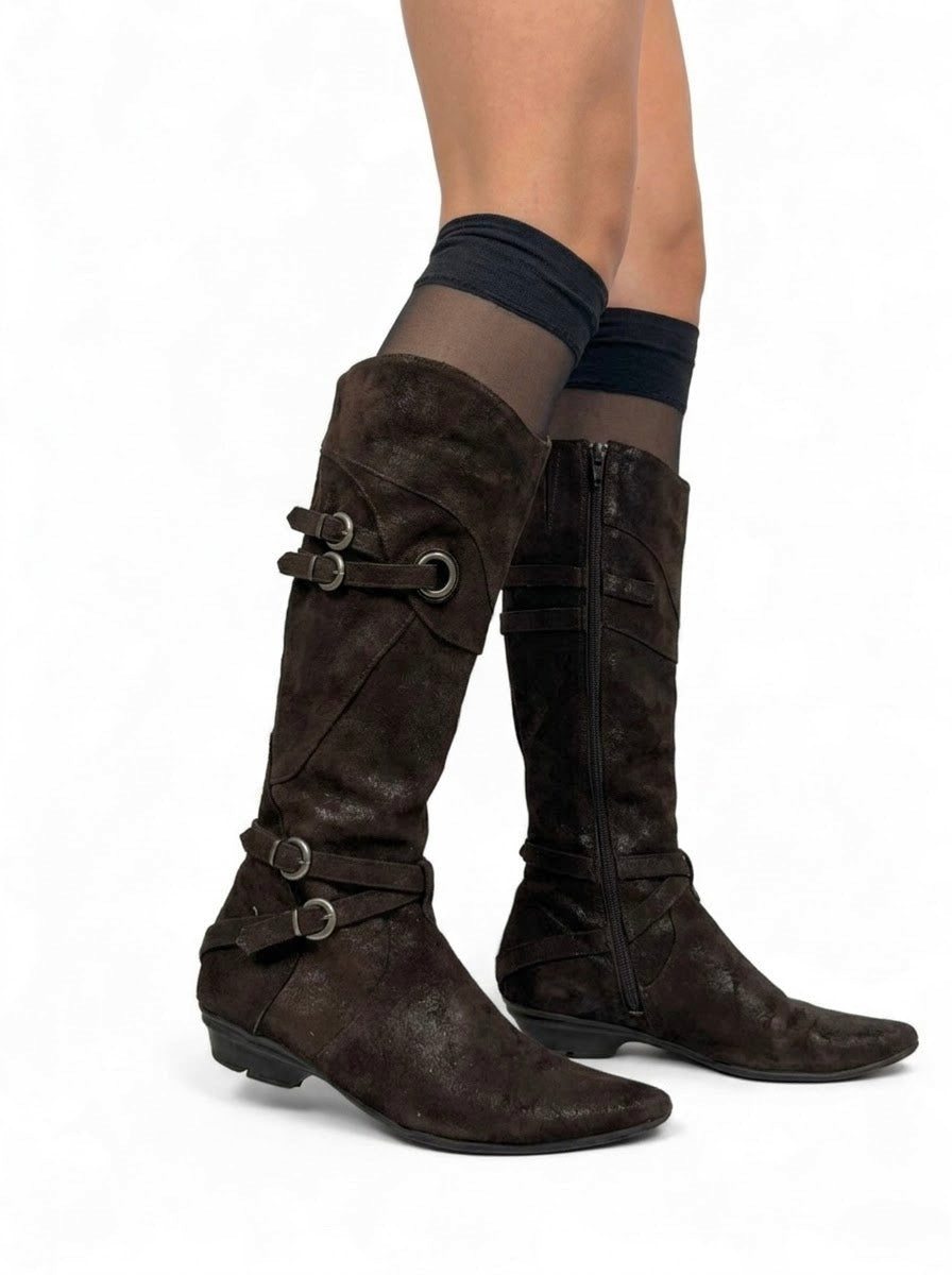 Brown  knee high suede leather buckles pointed toes boots (37)