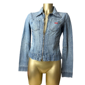 Blue denim tight fit zip up biker jacket (M)