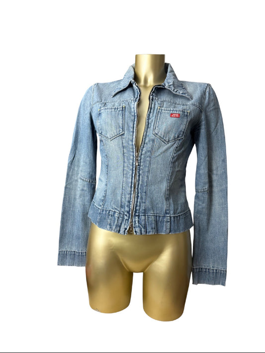 Blue denim tight fit zip up biker jacket (M)