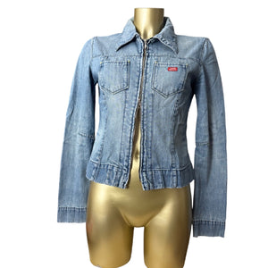 Blue denim tight fit zip up biker jacket (M)