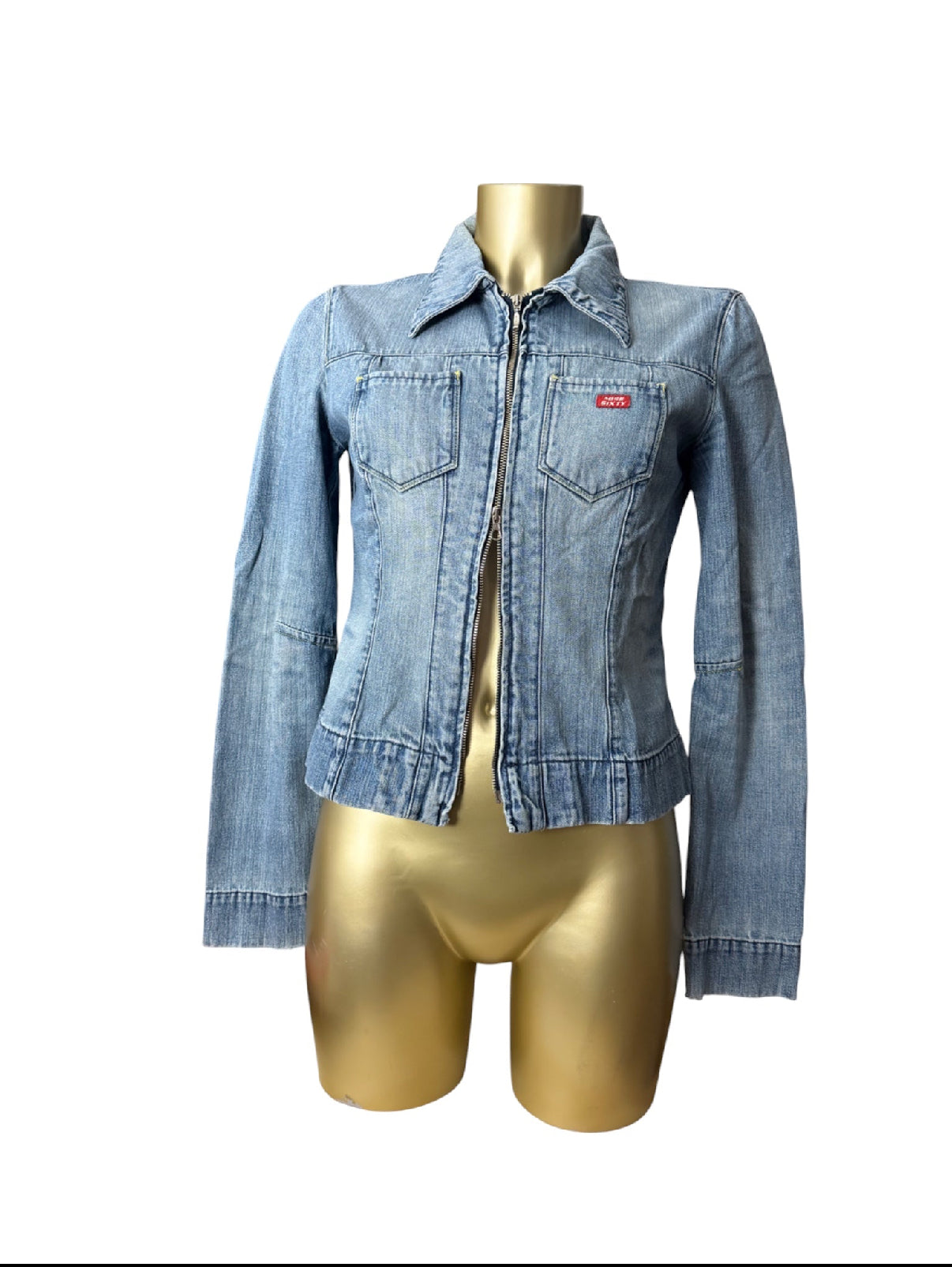 Blue denim tight fit zip up biker jacket (M)