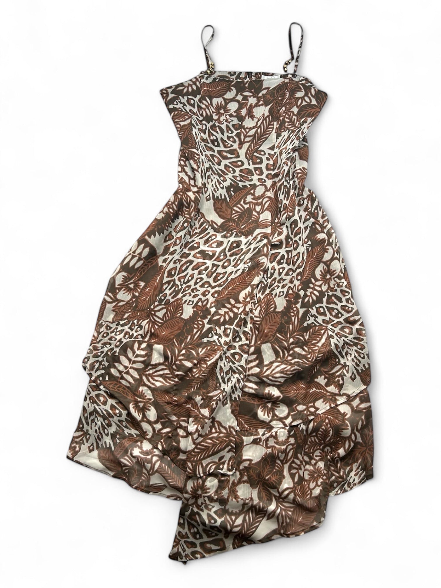 Beige graphic print mesh lined asymmetric dress (L)