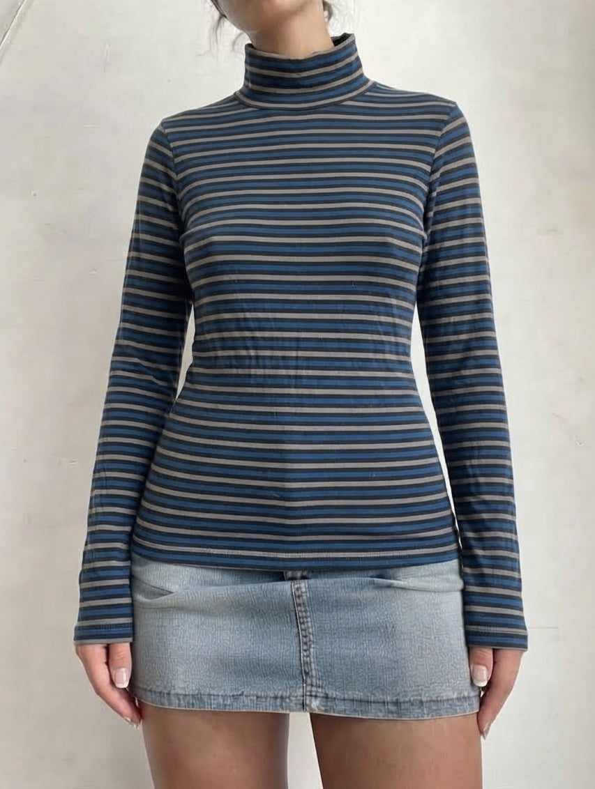 Blue striped turtleneck long sleeves top (M)