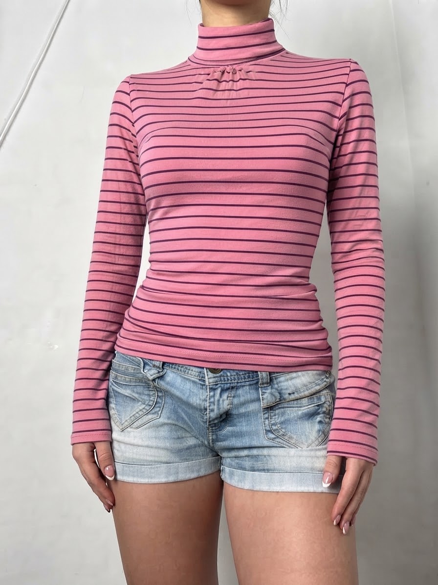 Pink striped turtleneck long sleeves top (XS)