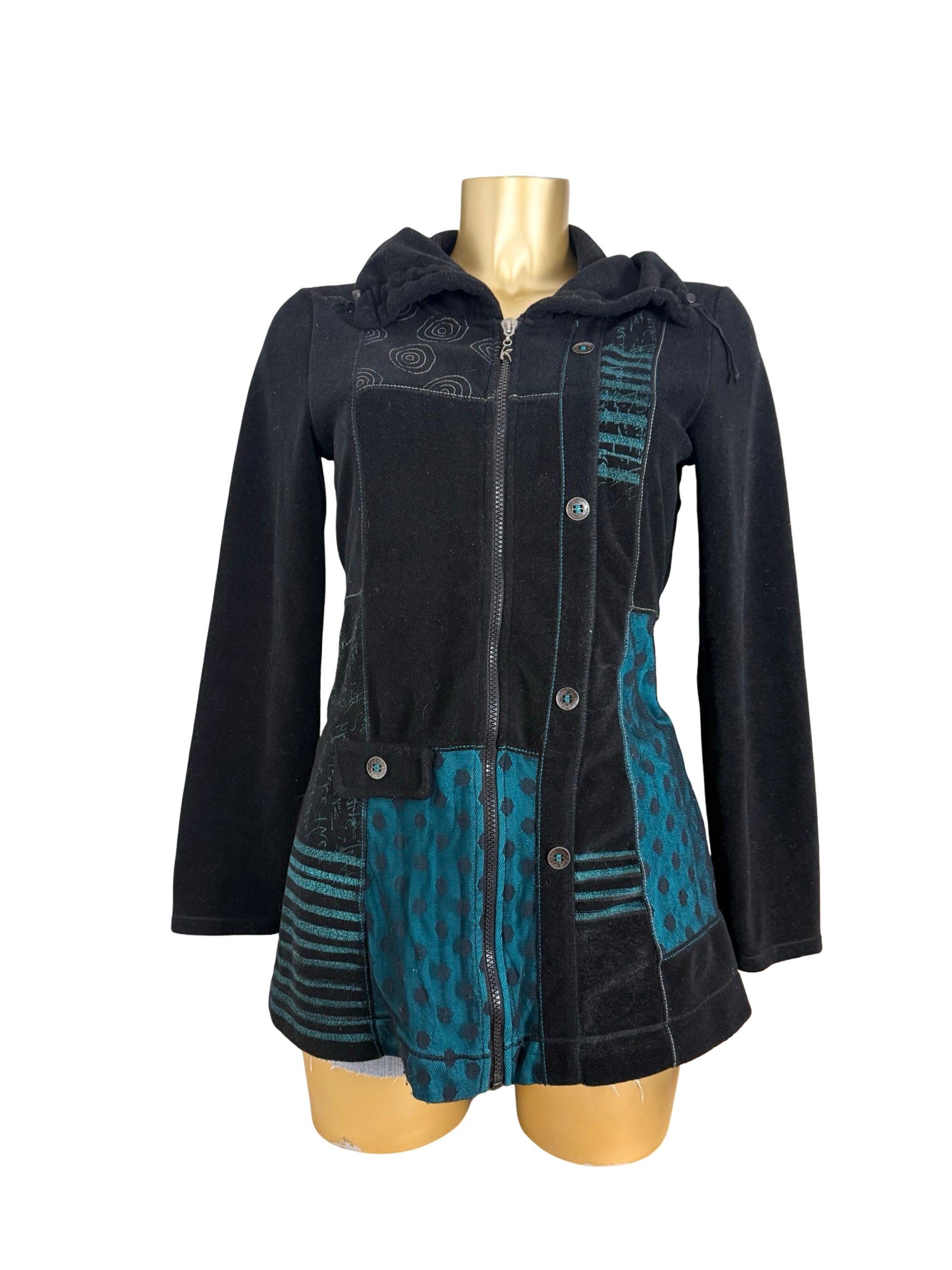 Black fleece patchwork tight fit zip up jacket (M)