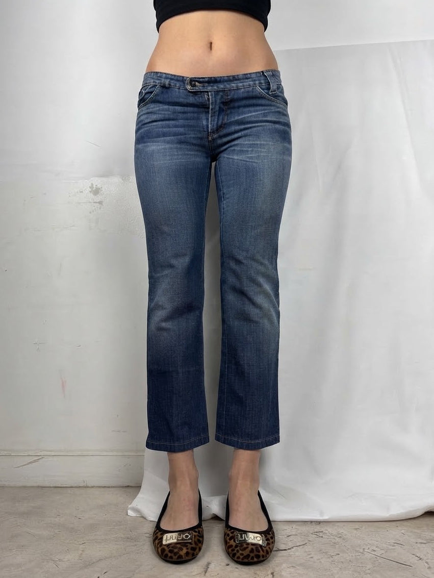 Blue denim low rise straight legs pants (S)