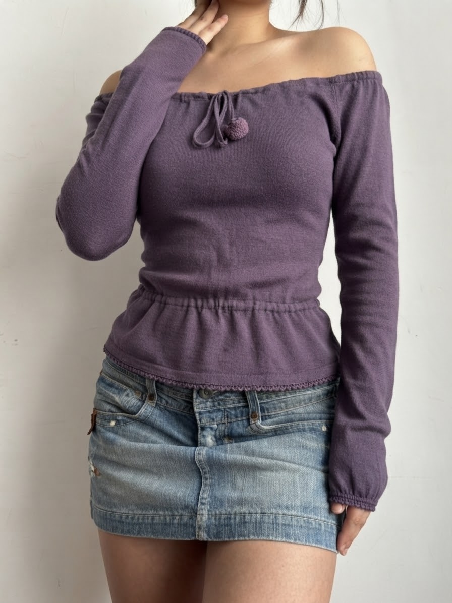 Purple off shoulder tie up long sleeves top (L)