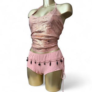 Pink suede low rise pearls mini short (S)