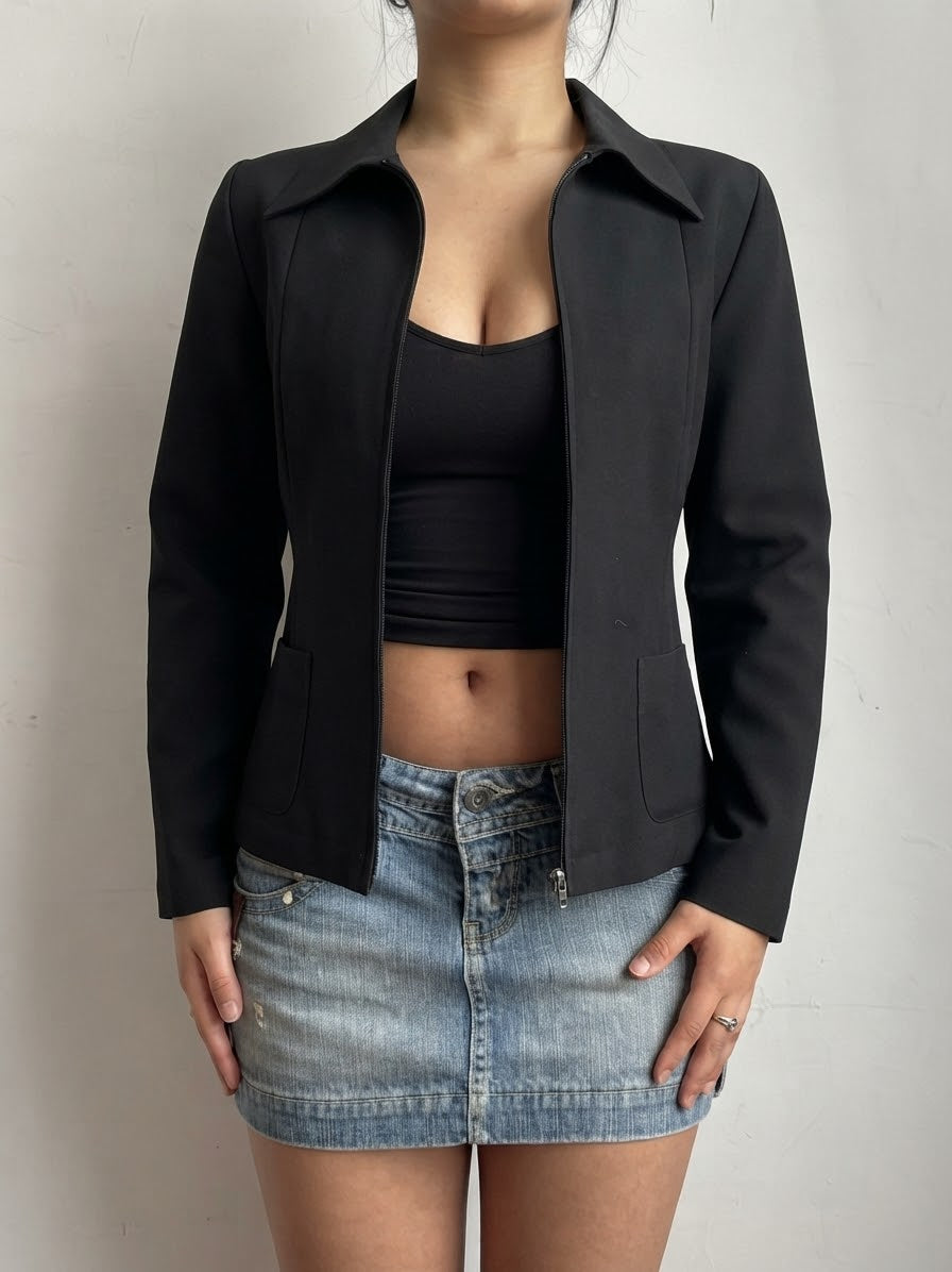 Black office zip up tight fit blazer jacket (M/L)
