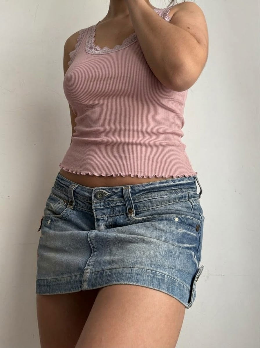 Pink lace ribbed top (S/M)
