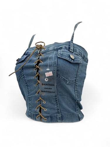 Denim blue lace up stretchy cami corset top