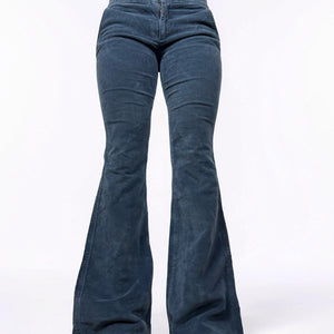 Blue velvet ribbed denim low rise flare pants (S)