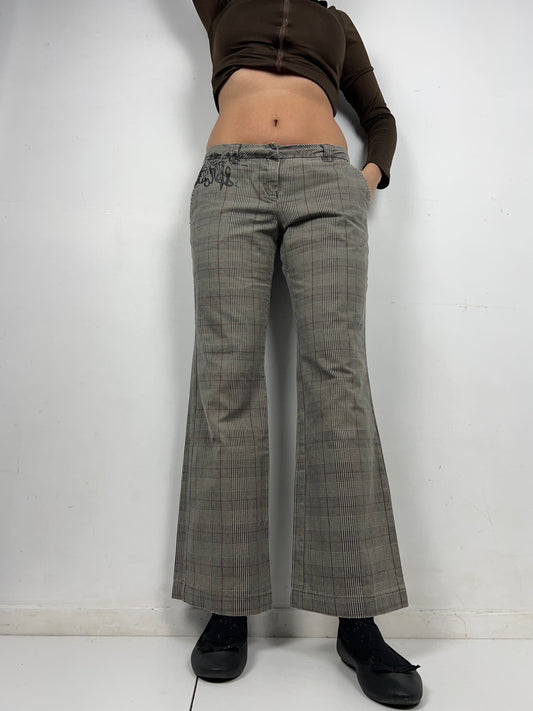 Brown check print low rise denim bootcut pants (M)