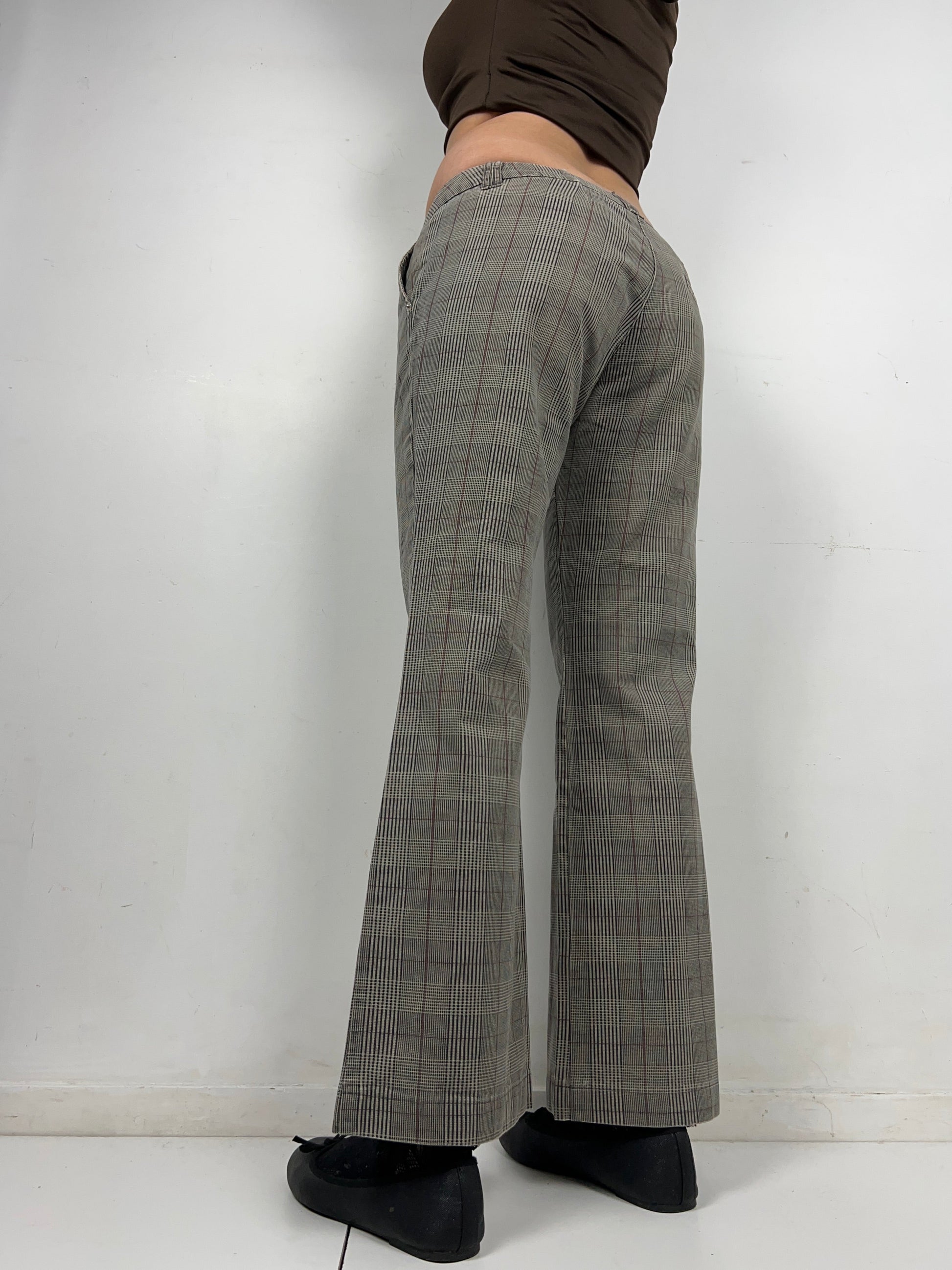 Brown check print low rise denim bootcut pants (M)