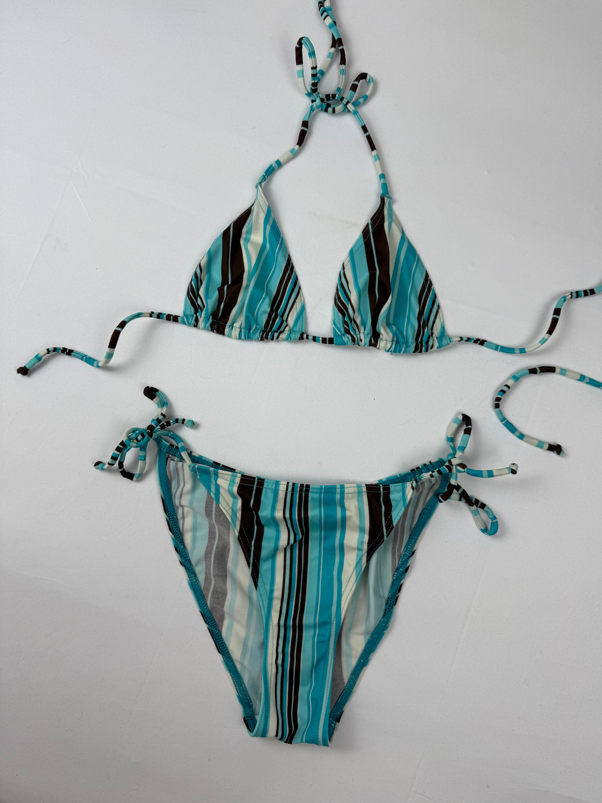 Blue tie up striped low rise bikini set (M)